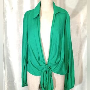 Shein TAG Wrap/Tie Blouse, Green, V-Front, Lng Sleeve, Elastic Wrist, Sheer,3X